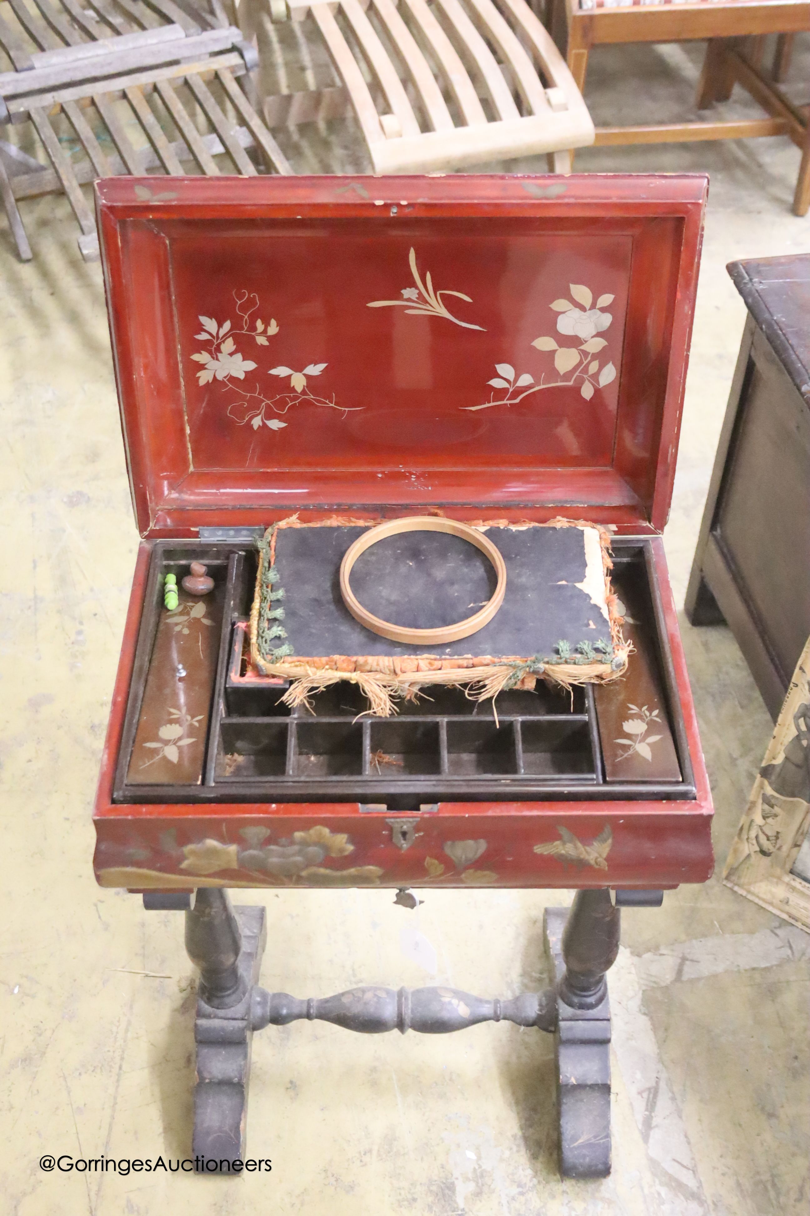 A Chinese lacquered work table, width 47cm, depth 32cm, height 69cm